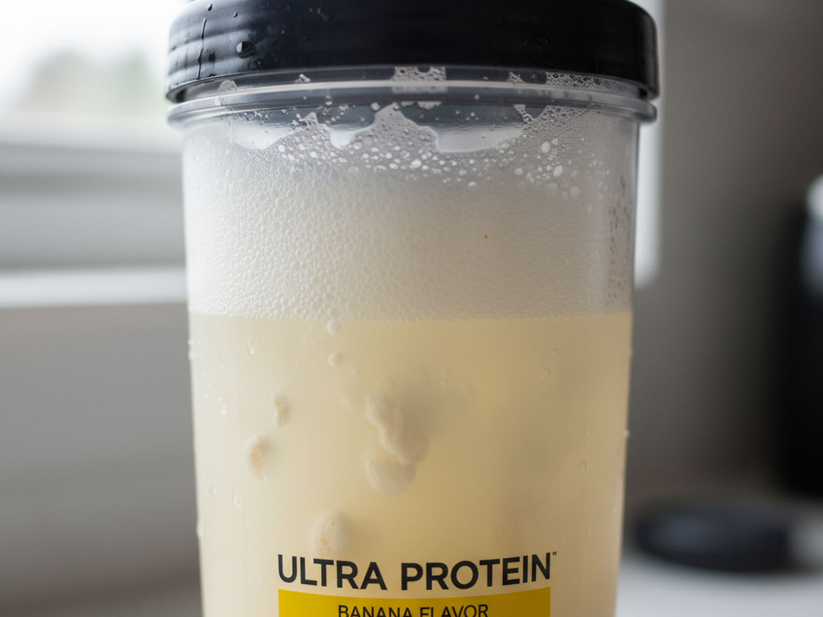 ウルトラ プロテイン バナナ風味を水でシェイクした直後。泡立ちとダマの有無が分かるアップ